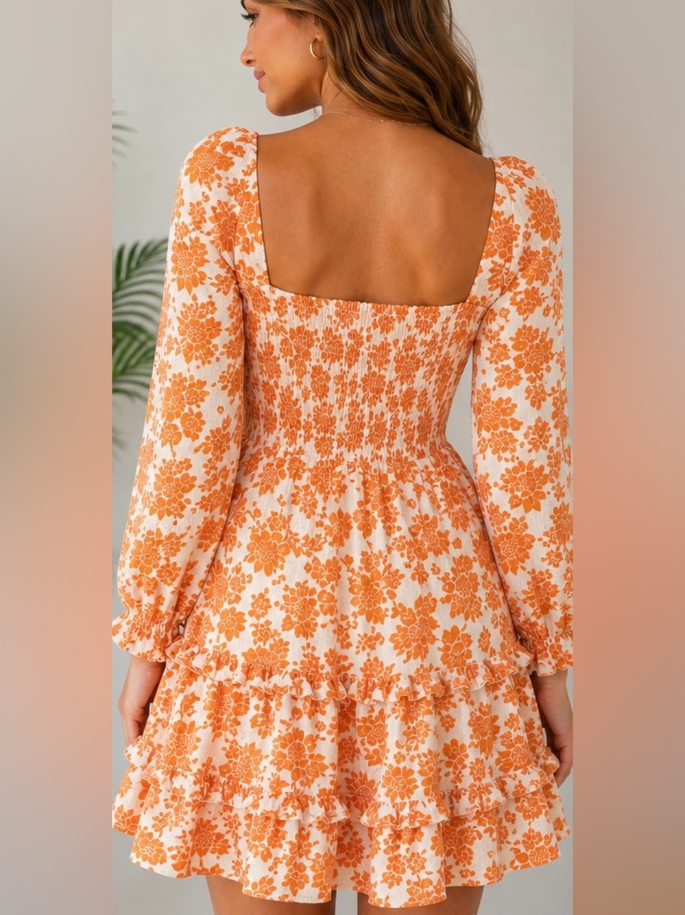 Crystal Doll Orange White Floral Smocked Tiered Ruffle Mini Dress XS - Picture 3 of 11